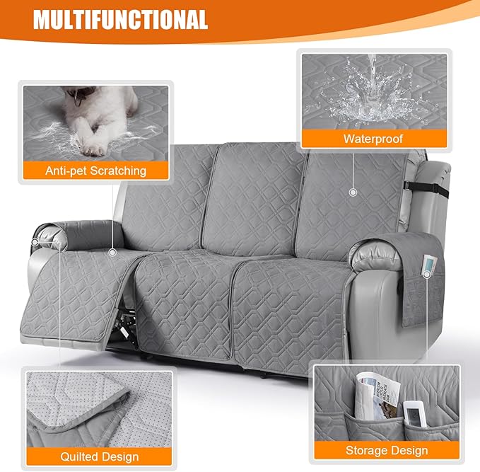 VANSOFY Waterproof Recliner Couch Covers, Sofa Covers 1-Piece Washable Reclining Sofa Cover Non-Slip Furniture Protector with Elastic Straps Pocket for Dogs, Pets(Light Gray,3 Seater)