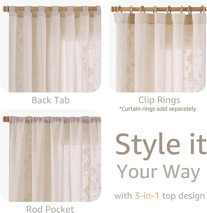 jinchan Evelyn Embroidered Linen Curtains Ivory Farmhouse Floral Window Drapes for Living Room Bedroom Cottagecore Semi Sheer Curtains 84 Inches Long Rod Pocket Back Tab 2 Panels