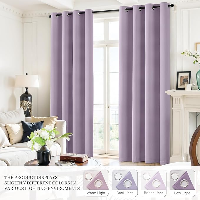 Yakamok Lilac 100% Blackout Curtains 96 Inches Long with 2 Thick Layers-Light Purple Room Darkening Thermal Insulated Window Curtain Set of 2 Panels for Bedroom Living Room 52x96 Inches,Lavender