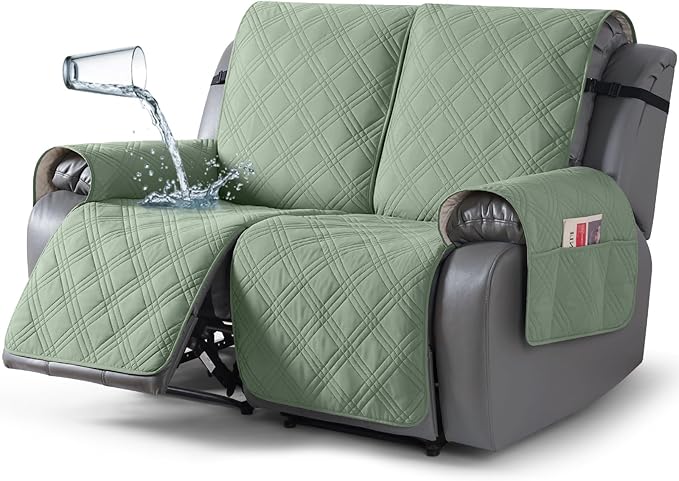TAOCOCO 100% Waterproof Loveseat Recliner Covers 2 Seater, Split Loveseat Covers for Reclining loveseat, Non Slip Reclining Couch Cover with Double Straps for Kids, Pets(2 Seater, Sage Green)
