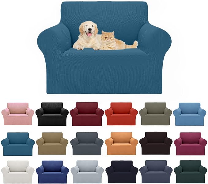 Cupuamon 2026 New Stretch Chair Sofa Slipcovers Couch Cover for 1 Seater Furniture Protector Sofa Covers with Elastic Bottom Jacquard Fabric Small Checks for Pets, Kids - Peacock Blue