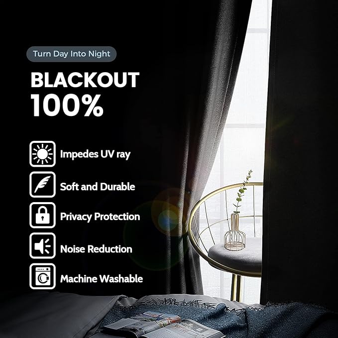 SimpleHome 100% Blackout Curtains for Bedroom,Thermal Insulated Grommet Window Drapes Room Darkening Black Curtains for Living Room with Black Back,52 x 96 Inch,2 Panels