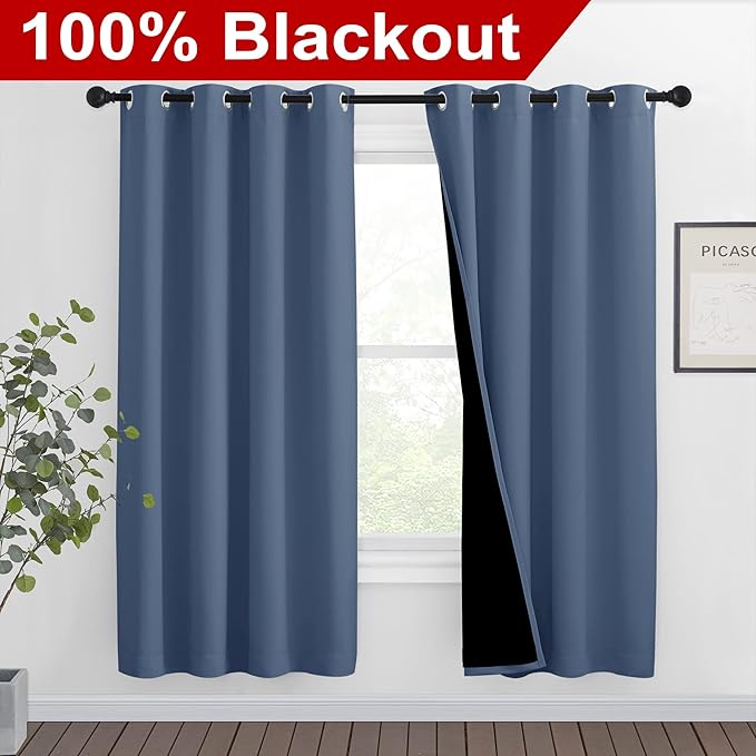 NICETOWN Full Shade Curtain Panels 72 inches Long, Pair of Energy Smart & Noise Blocking Out Blackout Drapes for Guest Room Window, Thermal Insulated Lined Window Dressing (Stone Blue, 46 inch)