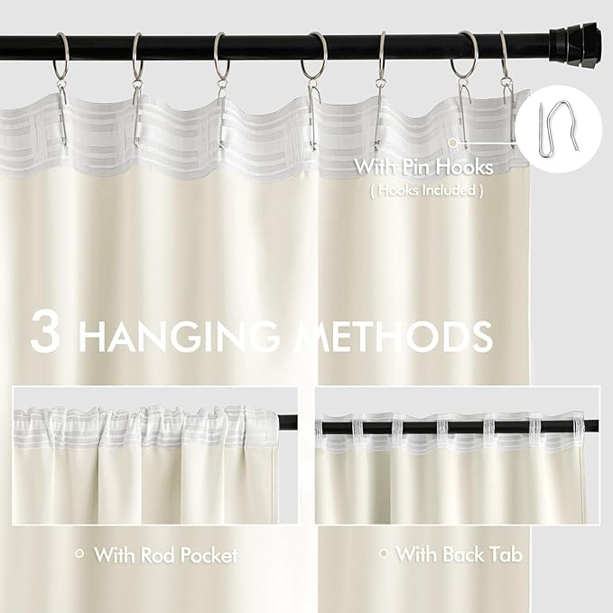 MIULEE Cream Back Tab Blackout Curtain 96 Inch Long 2 Panels Set for Bedroom, Rod Pocket/Pinch Pleat Thermal Insulated Living Room Darkening Pleated Light Blocking Floor to Ceiling Drape