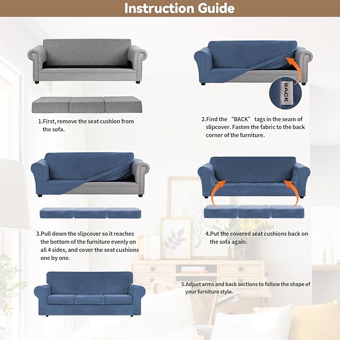 WEERRW Velvet Plush Fabric 4 Pieces Sofa Covers for 3 Cushion Couch with Elastic Bottom Straps in Light Blue