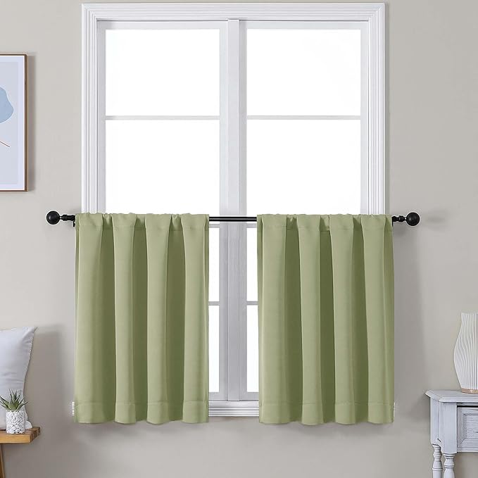 Simplebrand Ava Sage Green Short 30 Inches Blackout Curtain 2 Panels Set, Half Window Rod Pocket Privacy Curtain Tiers for Kitchen, Curtains Blackout for Bathroom Shades, W30 x L30 Inch, Sage Green