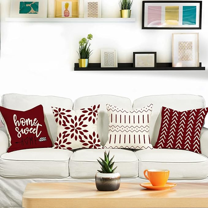 YCOLL Christmas Pillow Covers 18x18 Set of 4, Modern Sofa Throw Pillow Cover for Christmas Decor, Decorative Outdoor Linen Fabric Pillow Case for Couch Bed Car, Wine Red