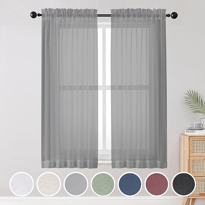 OWENIE Gray Sheer Curtains, Sheer Curtains 63 inch Length 2 Panels Set, Rod Pocket Voile Fimly Sheer Drapes for Living Room/Bedroom, 2pcs, Each 42" W x 63" L