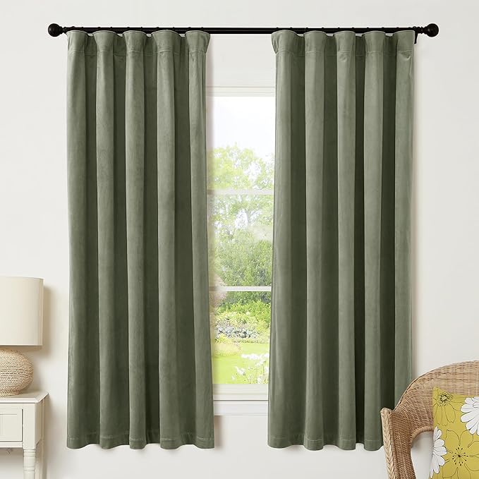 RYB HOME Sage Green Velvet Curtains with Hook Tape, Thermal Insulated Privacy Protect Decorative Drapes for Home Theater, W 52 x L 72 inches, 2 Panels Set