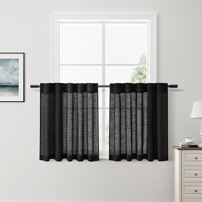 Nanspring Black Linen Curtains 24 Inch Length for Kitchen Small Windows Privacy Front Door Back Tab and Rod Pocket Drapes for Cafe Camper Small Curtains, 30 x 24 Inch,2 Panels