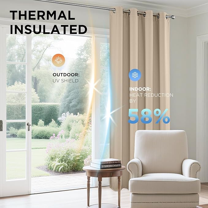 Joydeco Blackout Curtains 63 Inch Length 2 Panels Set, Thermal Insulated Long Curtains& Drapes 2 Burg, Room Darkening Grommet Drapes for Living Room Bedroom Window (W52 x L63 Inch, Light Beige)