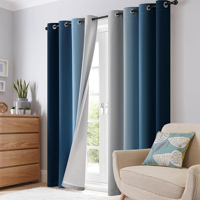 SimpleHome Ombre 100% Blackout Curtains for Bedroom 84 Inches Long, Blue with White Liner Room Darkening Thermal Insulated Grommet Curtain/Drapes for Living Room,2 Panels Set