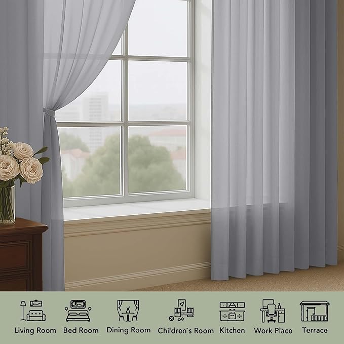 OWENIE Sheer Grey Curtains 108 Inches Long for Living Room Bedroom 2 Panels Set, Lightweight Airy Grey Sheer Curtain, Filmy Voile Rod Pocket, 2 PCS, Each 59" W x 108" L