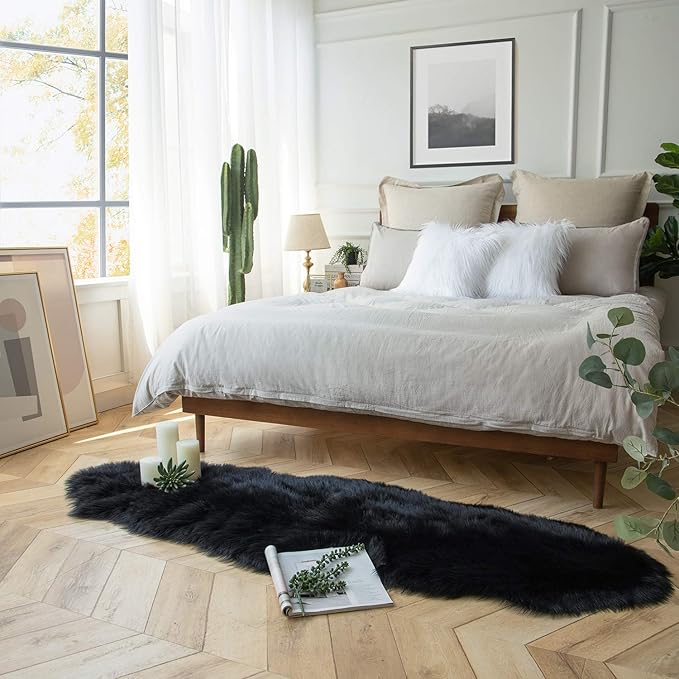Ashler Faux Fur Rug, Black Area Rugs, Fluffy Sheepskin Fur Rug, Fuzzy Ultra Soft 2 x 6 Ft Rugs, Machine Washable Shag Rug, Nursery Throw Rugs for Bed, Living, Kids Room