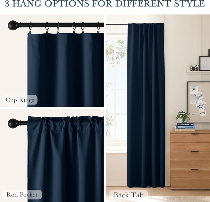 PONY DANCE Bedroom Blackout Curtains - 54 Inches Long Curtain Drapes with Back Loops Slot with Rod Pocket Design Privacy Protect Energy Saving, 52 W x 54 L, Navy Blue, 1 Pair