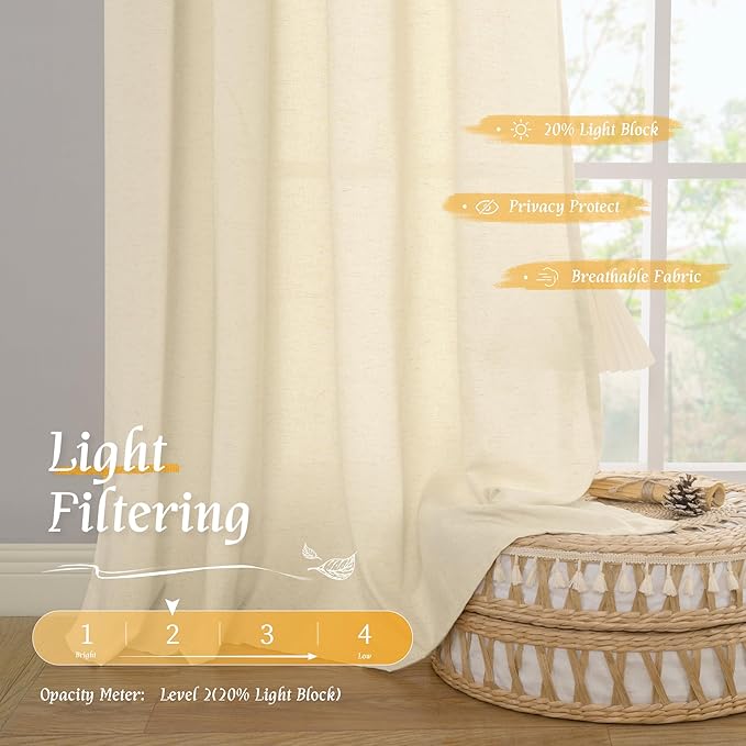 LAMIT Beige Linen Curtains for Windows 2 Panels Set, 48 Inch Linen Textured Light Filtering Bedroom Drapes Rod Pocket Boho Window Treatment Panels for Farmhouse/RV Camper/Loft, 42 x 48 Inch
