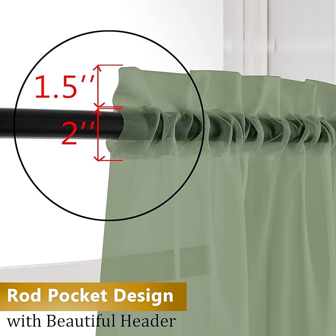 Aiyufeng Sage Green Sheer Curtains 36 inches Long 2 Panels, Green Tiers Short Kitchen Curtains Sheers Solid Half Window Drapes for Bedroom, Rod Pocket, 40" Wx36 L