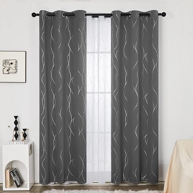 Deconovo Living Room Curtains, Blackout Drapes, Thermal Insulated Soundproof Panels, Modern Silver Wave Dots Print, 42 x 95 Inch Long, Machine Washable Panel for Bedroom Nursery, Set of 2, Light Grey