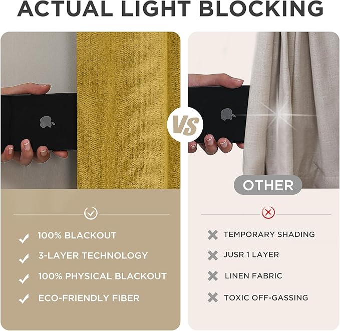 Joydeco Blackout Curtains for Bedroom - 100% Light Blocking 2 Panels Set Yellow Drapes 66" W x 84" L, Thermal Insulated Room Darkening Curtains, Linen Textured for Living Room, Rod Pocket & Back Tabs