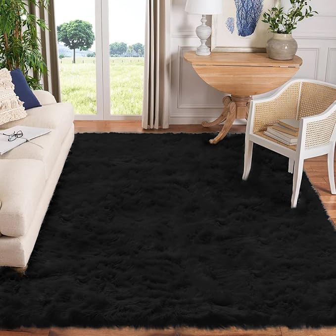 Goolela Black Sheepskin Area Rug 10x12 Fluffy Fuzzy Shag Carpet for Living Room Bedroom Furry Faux Fur Soft Rectangle