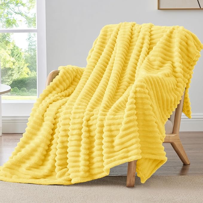 BEDELITE Fleece Throw Blanket for Couch - 300GSM Soft & Warm Fluffy Custard Yellow Blanket, Decorative and Giftable Striped Blankets for Women, Men, 50"x60"
