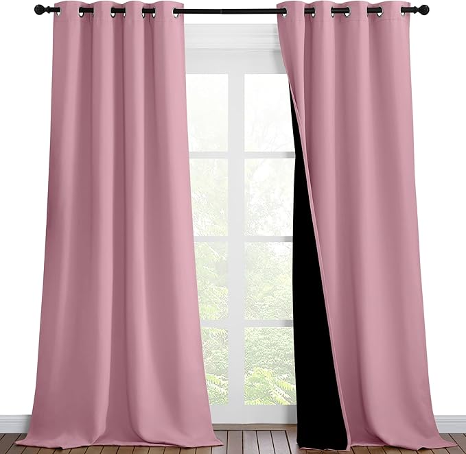 NICETOWN 100% Blackout Blinds, Set of 2, 46 inches x 96 inches, Laundry Room Decor Window Treatment Curtains for Large Patio Sliding Door, Thermal Insulated Crystal Pink Curtains for Bedroom
