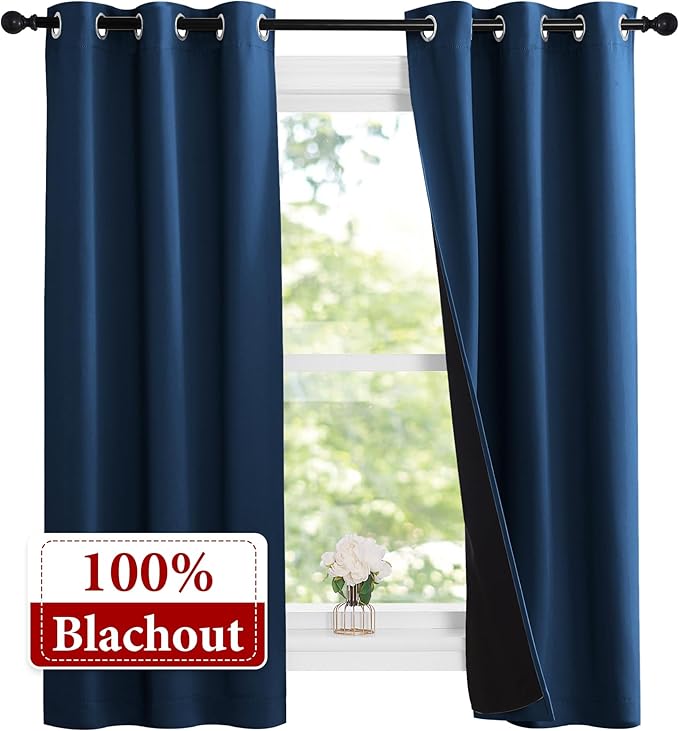 NICETOWN 100% Blackout Short Curtains with Black Liners, 2 Panels, 37" W by 60" L, Moroccan Blue, Thermal Insulated Full Blackout 2-Layer Lined Drapes, Energy Efficiency Window Draperies for Bedroom