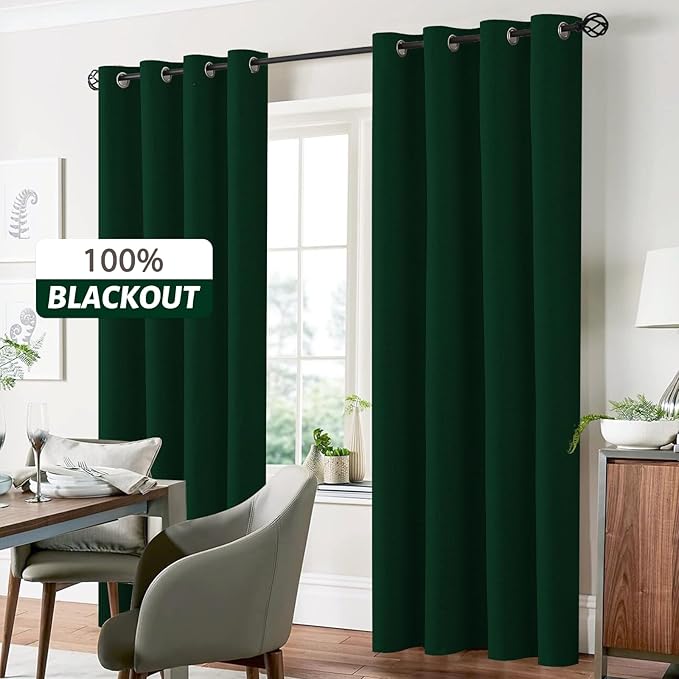 Yakamok Dark Green Linen Curtains 100% Blackout 96 Inches Long,Room Darkening Textured Drapes for Living Room Thermal Grommet Bedroom Curtains 2 Panels with White Liner