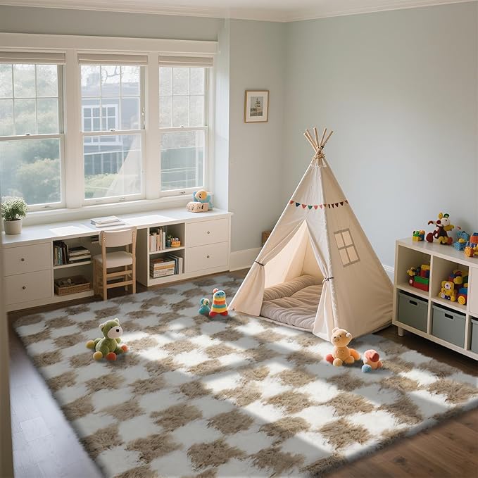 Checkered Area Rugs for Bedroom 5x8, Fluffy Beige and White Checkered Rug Fuzzy Shag Shaggy Carpets for Living Room, Soft Plush Furry Rug for Boy Girls Room Dorm Home Decor
