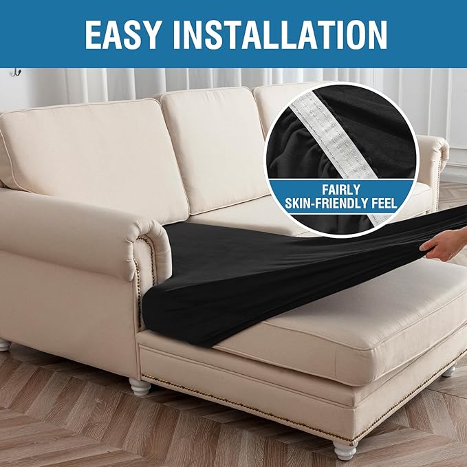 Couch Cover 4-Piece Elastic Velvet Couch Cushion Covers & Chaise Slipcovers for L-Shaped Sofas, Sofa Seat Covers Washable, Soft Cover for Couches (3 Seater + Chaise, Black)