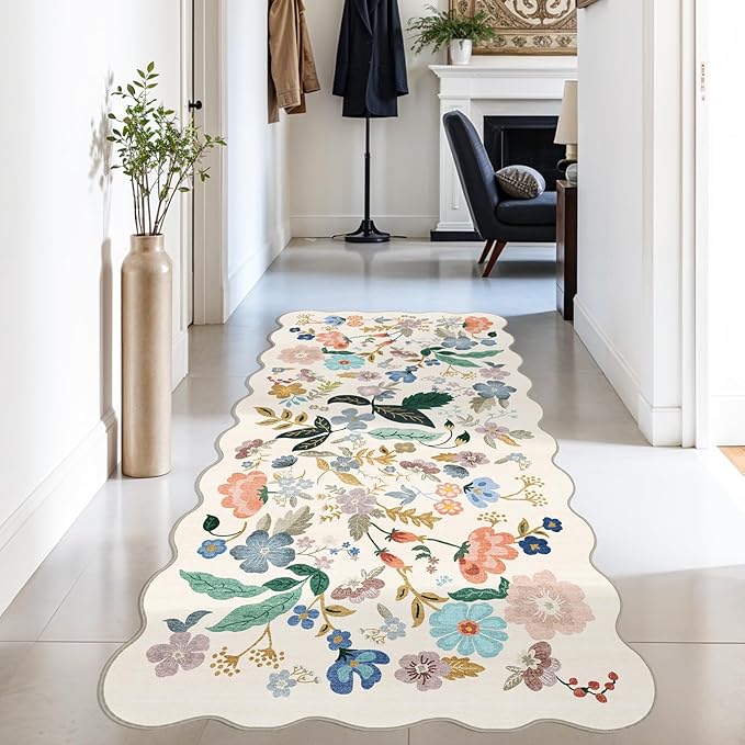 Washable 3x6 Hallway Runner Rug: Floral Scalloped Soft Runners for Entryway Kitchen Nursery Non Slip Bathroom Laundry Floor Mat Water Resistant Light Weight Carpet for Living Room Bedroom (3x6,Cream)