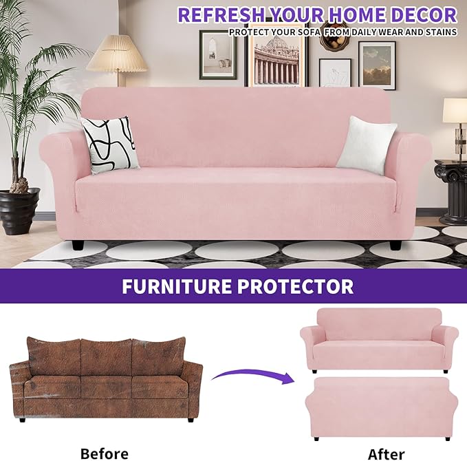ZNSAYOTX Oversized Super Stretch Couch Cover (92"-115"), New Striped Sofa Covers Comfortable & Durable, Dog Cat Pets Friendly Extra Large Spandex Sofa Slipcovers (Rose, XL Sofa)