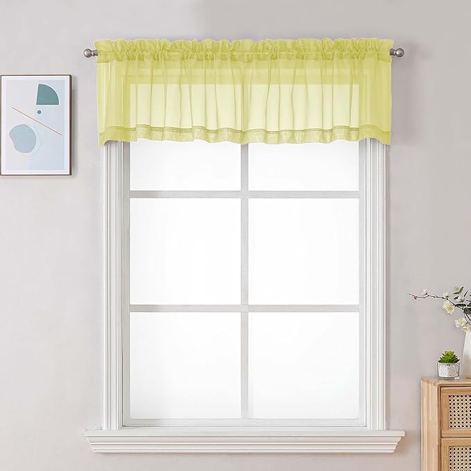Chyhomenyc Sheer Valances for Windows, Light Filtering Small Window Curtains for Living Room Bathroom Cafe Laundry Basement, Modern Top Dual Rod Pocket Voile Curtain, 42Wx14L inches, Lemon, 2 Pieces