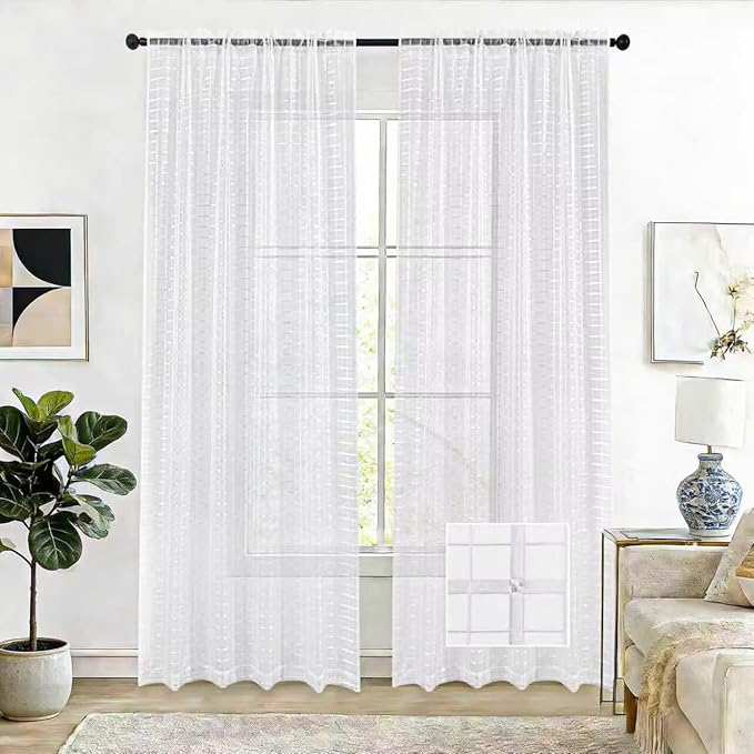 SpaceDresser Check Sheer Curtains 96 Inches Long for Living Room, Rod Pocket Plaid Semi Sheer Drapes for Kitchen Bedroom（White, 52W x 96L）