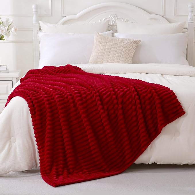 Red Fleece Throw Blanket 60”×80” for Couch Sofa Bed,Super Soft Cozy Plush Microfiber Flannel Blanket with Stripes Design Lightweight for Adults,Woman,Girls