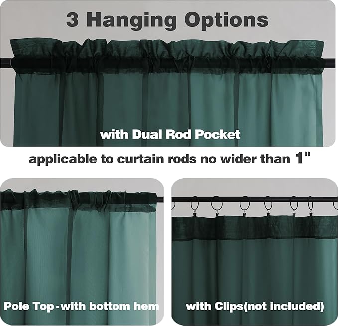 Chyhomenyc Hunter Green Sheer Curtains 54 Inch Long 2 Panels Set, Short Voile Rod Pocket Drapes for Dinning Small Windows Bathroom Living Room Bedroom, Each 42Wx54L in, 2PCS
