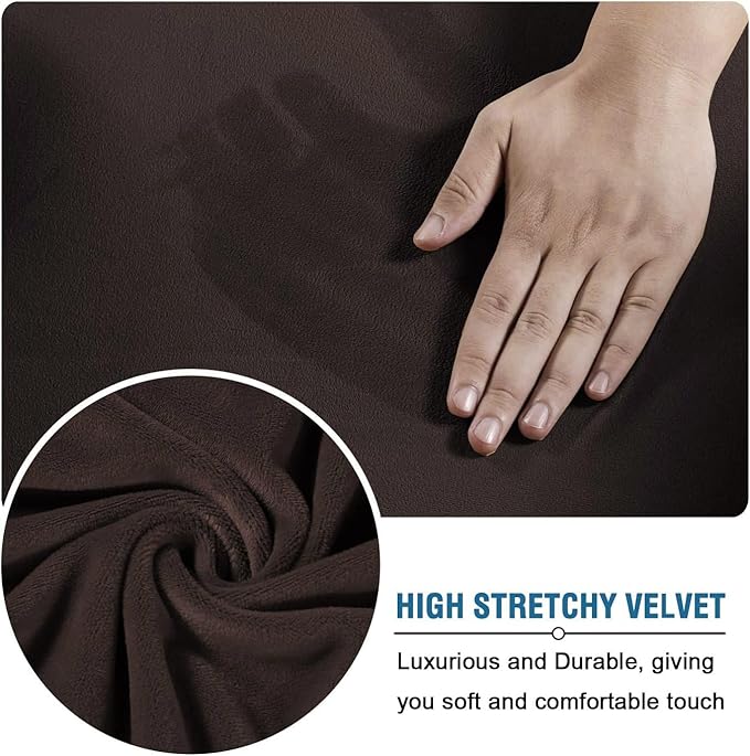 H.VERSAILTEX Modern Velvet Plush 4 Piece High Stretch Sofa Slipcover Sofa Cover Furniture Protector Form Fit Luxury Thick Velvet Sofa Cover for 3 Cushion Couch Width Up to 90 Inch (Sofa,Brown)