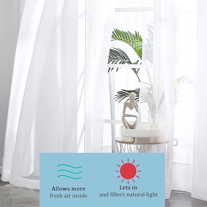 OWENIE Sheer White Curtains, Sheer Curtains 63 inch Length 2 Panels Set, Rod Pocket Voile Fimly Sheer Drapes for Living Room/Bedroom, 2pcs, Each 59" W x 63" L
