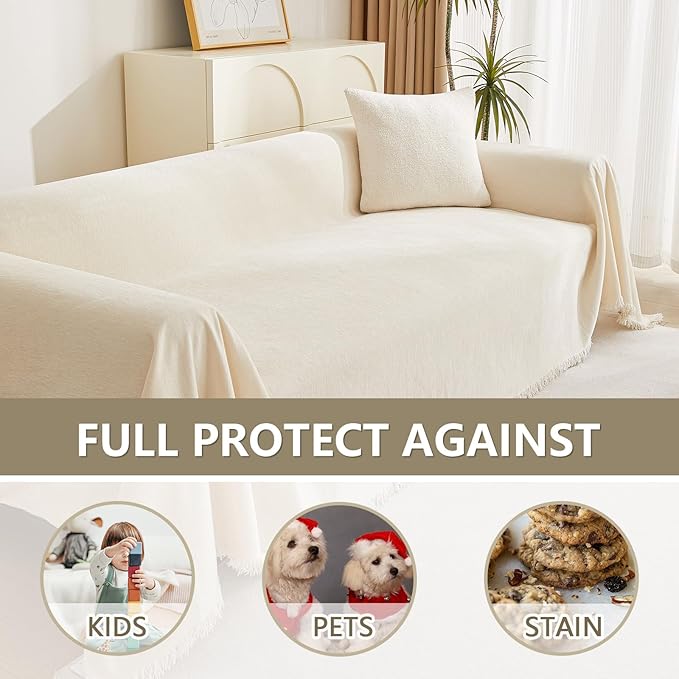 MYSKY HOME Sofa Covers Couch Cover Chenille Sofa Cover Sectional Couch Covers for 2 Cushion Couch Sofa Living Room Futon L Shaped Sofa Slipcovers for Dogs and Pets, Beige, 71"x 134"
