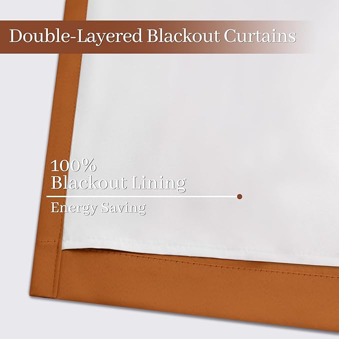 Yakamok Room Darkening 100% Blackout Curtains Grommet Window Treatments with 2 Thick Layers-Burnt Orange Thermal Insulated Drapes Set of 2 Panels for Bedroom Living Room 52 Inches by 72 Inches Length