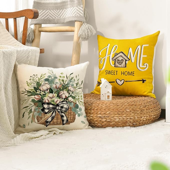 AVOIN colorlife Bless Our Home Farmhouse Eucalyptus Leaves Throw Pillow Covers, 16 x 16 Inch Yellow Truck Home Sweet Cushion Case Decorations Set of 4