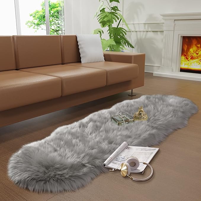 Faux Fur Rug for Bedroom, Gray Fluffy Rug Soft Sheepskin Runner Rug Sofa Couch Seat Cushion, 2x6ft Grey Plush Area Shag Rugs Floor Carpets for Nursery Bedside, Cute Shaggy Fuzzy Home Decor