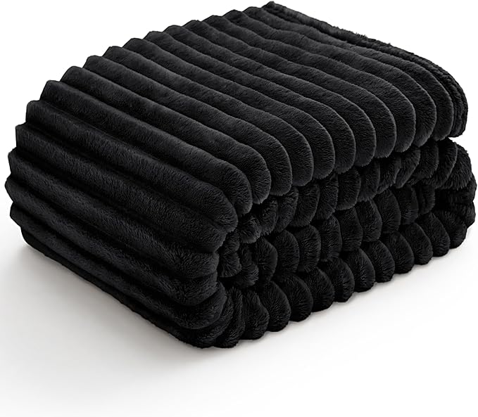 BEDELITE Fleece Black Throw Blanket for Couch - 300GSM Soft & Warm Fluffy Black Blanket, Decorative and Giftable Striped Blankets for Women, Men, 50"x60"