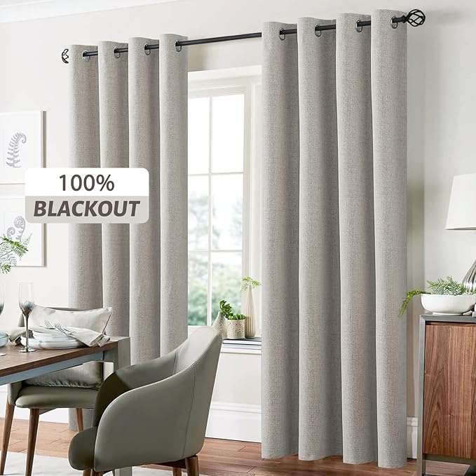 Yakamok Oatmeal Linen Curtains 100% Blackout 90 Inches Long,Room Darkening Textured Curtains for Living Room Thermal Grommet Bedroom Curtains 2 Panels with White Liner
