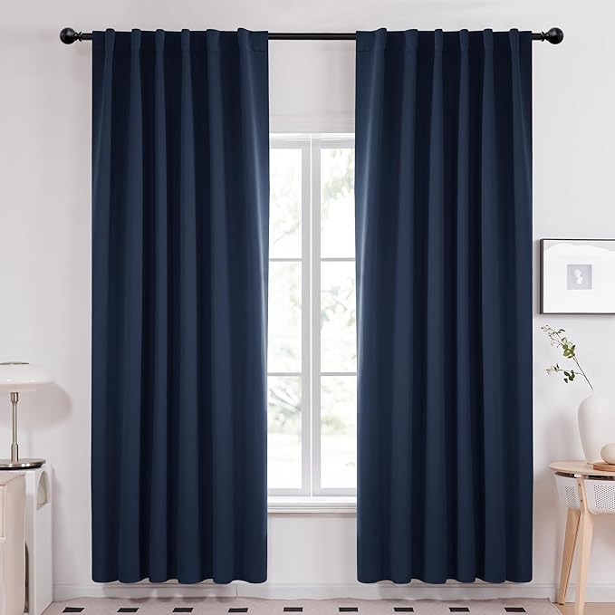 Deconovo Solid Back Tab Curtains Blackout Curtains Thermal Insulated Drapes and Curtains Room Darkening Curtains for Bedroom 52Wx95L Inch Navy Blue 1 Set
