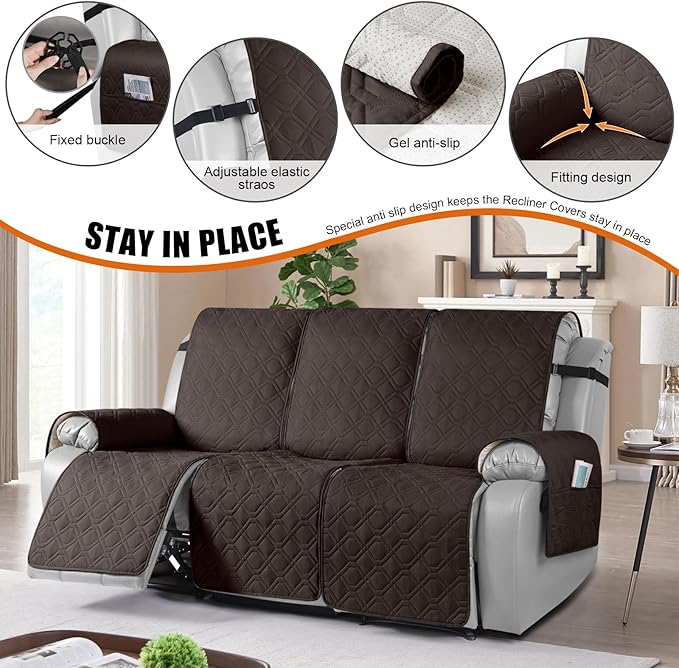 VANSOFY Waterproof Recliner Couch Covers, Sofa Covers 1-Piece Washable Reclining Sofa Cover Non-Slip Furniture Protector with Elastic Straps Pocket for Dogs, Pets(Chocolate,3 Seater)