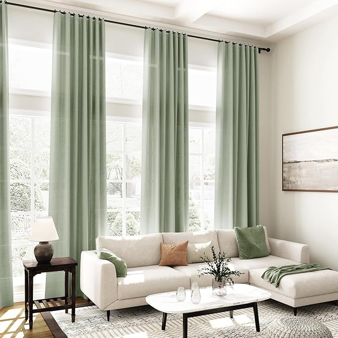 Desert Sage Linen Curtains for Living Room 100 Inches Long Light Filtering Semi Sheer Curtain Back Tab Rustic Farmhouse Decor Elegant Luxury Boho Drapes for Bedroom Dinner Room 52x100, 2 Panels
