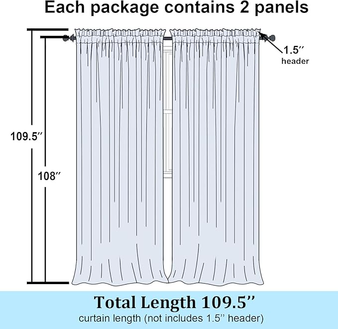 Simplebrand Black Sheer Curtains 108 Inches Long, Extra Long Rod Pocket Solid Color Window Sheer Curtain Panels, Elegant Curtains & Drapes for Living Room, Bedroom 2 Panels (Black, 59" W x 108" L)