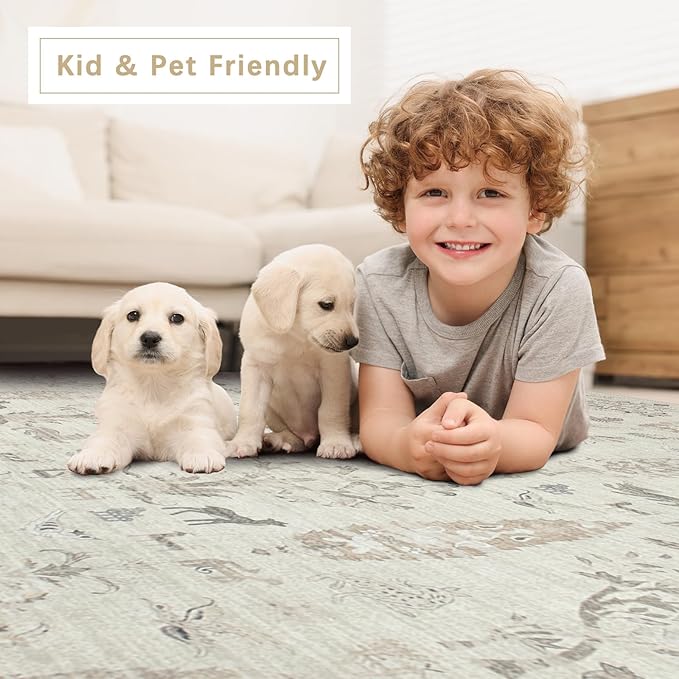 Washable Rugs 8x10 Area Rugs for Living Room,Bedroom,Dining Room- Large Ultra Soft Faux Wool Retro Carpet,Non Slip&Non-Shedding Low Pile Vintage Print Rug for Home Office Dorm Playroom-Brown