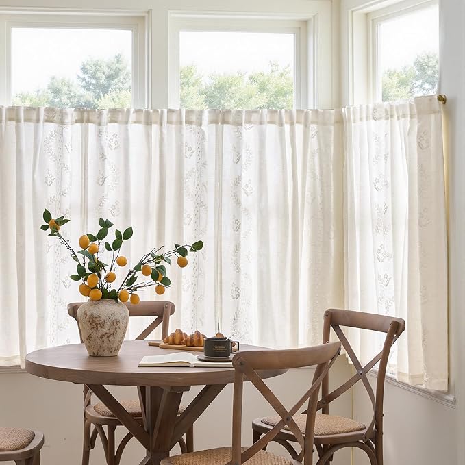 jinchan Belrose Linen Floral Cafe Curtains 45 Inch Length Embroidered Farmhouse Curtains for Kitchen Bedroom Bathroom Small Windows Curtain Set Light Filtering 2 Panels White